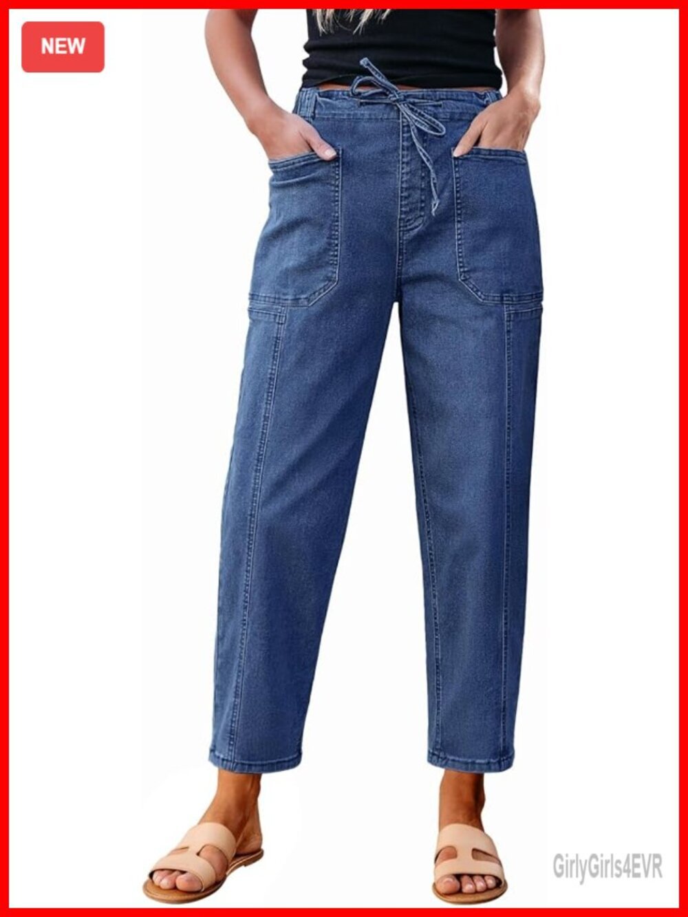 Baggy High Waisted Pull On Elastic Waist Denim Jeans with Pockets